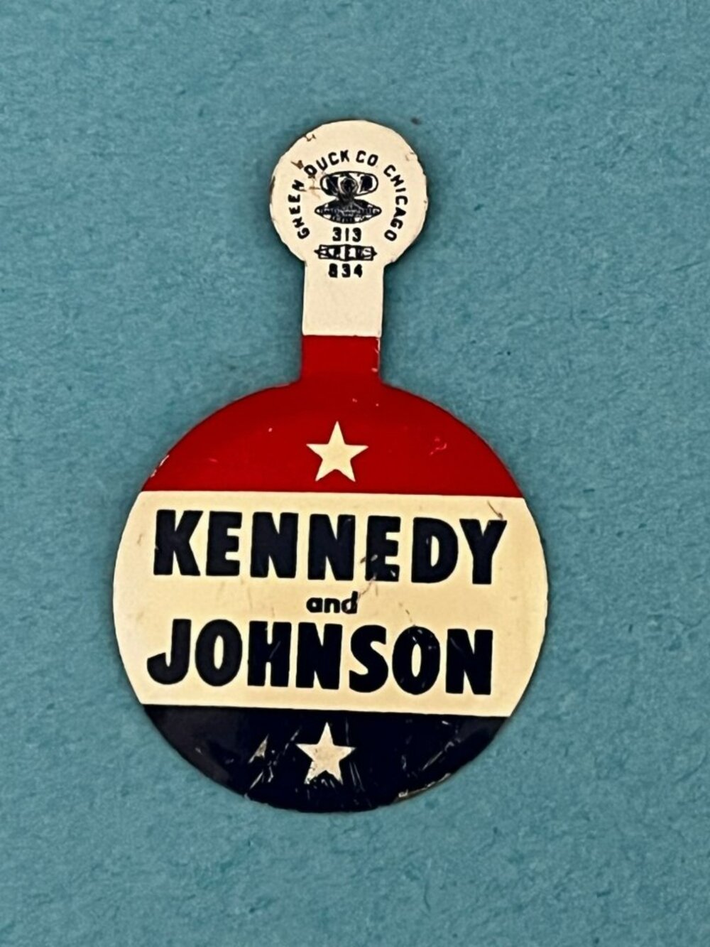 1960 Kennedy Johnson Political Lapel Pin Foldover Pinback Green Duck Pin
